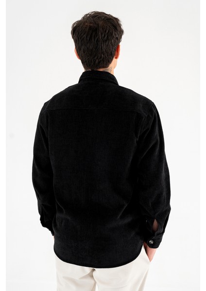 Erkek Kadife Gömlek Siyah Rahat Kesim Uzun Kollu Tek Cepli fırsatları