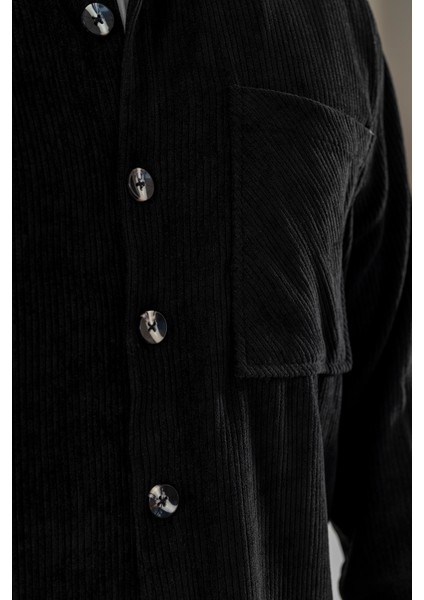 Erkek Kadife Gömlek Siyah Rahat Kesim Uzun Kollu Tek Cepli indirimleri