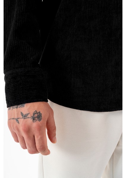 Erkek Kadife Gömlek Siyah Rahat Kesim Uzun Kollu Tek Cepli