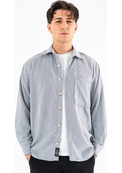 Erkek Kadife Gömlek Açık Gri Rahat Kesim Uzun Kollu Tek Cepli