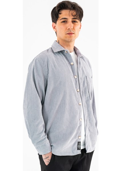 Erkek Kadife Gömlek Açık Gri Rahat Kesim Uzun Kollu Tek Cepli fiyatları