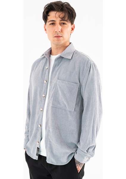 Erkek Kadife Gömlek Açık Gri Rahat Kesim Uzun Kollu Tek Cepli modelleri