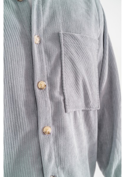 Erkek Kadife Gömlek Açık Gri Rahat Kesim Uzun Kollu Tek Cepli indirimleri