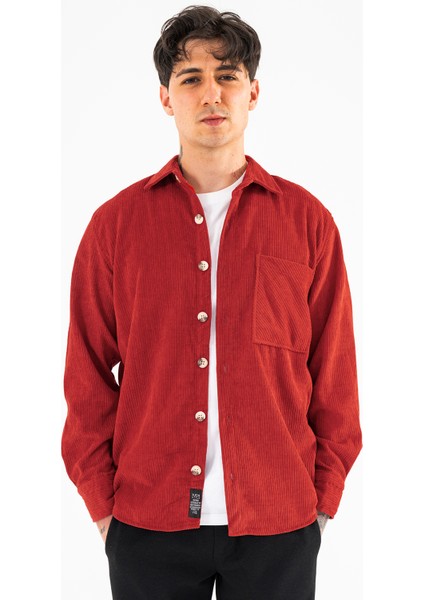 Erkek Kadife Gömlek Kiremit Rahat Kesim Uzun Kollu Tek Cepli