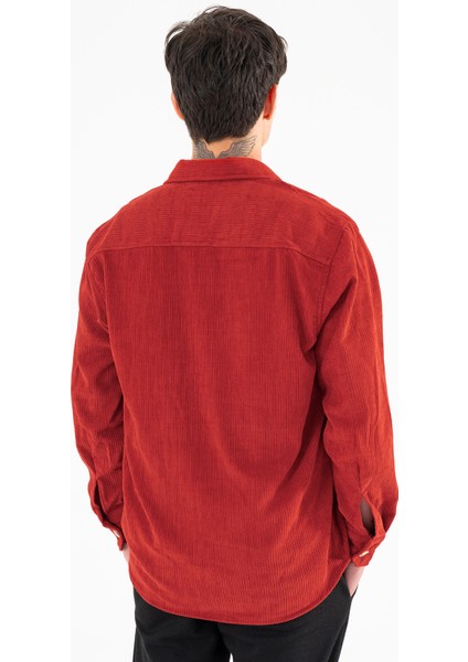 Erkek Kadife Gömlek Kiremit Rahat Kesim Uzun Kollu Tek Cepli fırsatları