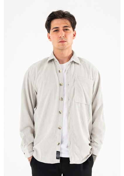 Erkek Kadife Gömlek Taş Rengi Rahat Kesim Uzun Kollu Tek Cepli