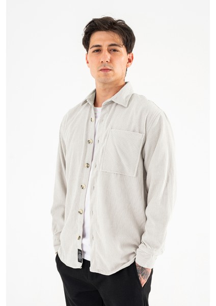 Erkek Kadife Gömlek Taş Rengi Rahat Kesim Uzun Kollu Tek Cepli modelleri