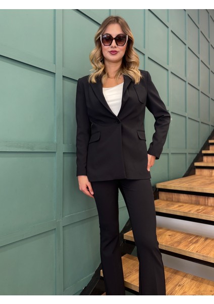 Kadın Cep Detaylı ,önden Tek Düğmeli, Bele Oturan Blazer Ceket-Pantolon Takımı fırsatları