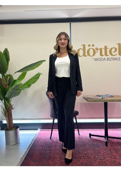 Kadın Cep Detaylı ,önden Tek Düğmeli, Bele Oturan Blazer Ceket-Pantolon Takımı