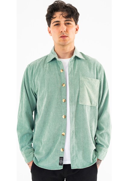 Erkek Kadife Gömlek Su Yeşili Rahat Kesim Uzun Kollu Tek Cepli