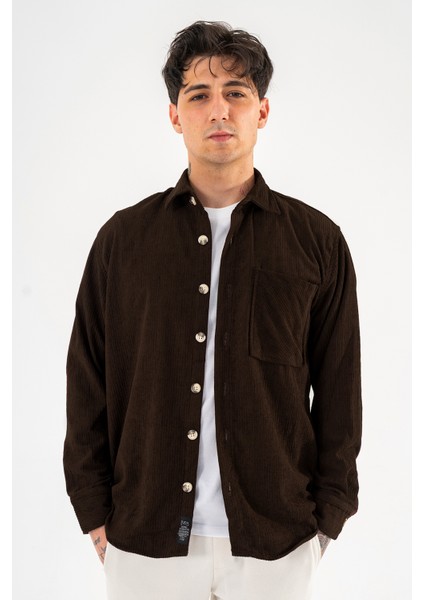 Erkek Kadife Gömlek Kahverengi Rahat Kesim Uzun Kollu Tek Cepli