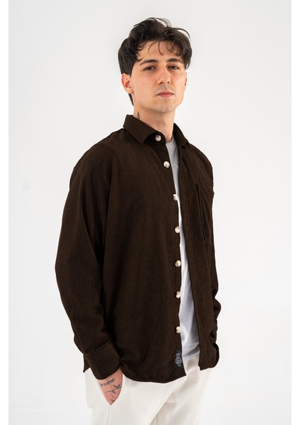 Erkek Kadife Gömlek Kahverengi Rahat Kesim Uzun Kollu Tek Cepli fiyatları