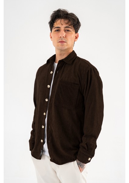 Erkek Kadife Gömlek Kahverengi Rahat Kesim Uzun Kollu Tek Cepli modelleri