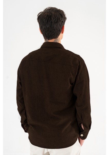 Erkek Kadife Gömlek Kahverengi Rahat Kesim Uzun Kollu Tek Cepli fırsatları