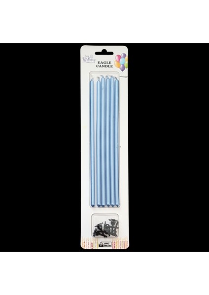 Mavi Metalik Ince Uzun Pasta Mum 20 cm * 6 Adet