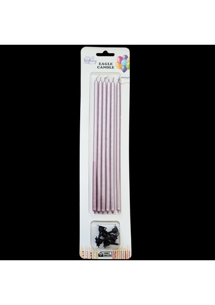 Pembe Metalik Ince Uzun Pasta Mum 20 cm * 6 Adet