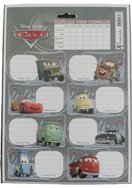 Cars 3'lü Ders Programlı Etiket modelleri