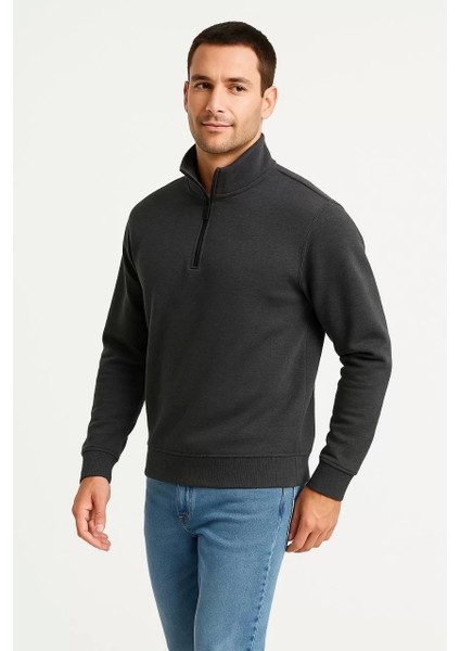 Erkek Dik Yaka Sweatshirt Dik Yaka Yarım Fermuarlı 3 Iplik Şardonlu Pamuk Kumaş - Antrasit