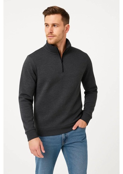 Erkek Dik Yaka Sweatshirt Dik Yaka Yarım Fermuarlı 3 Iplik Şardonlu Pamuk Kumaş - Antrasit fiyatları
