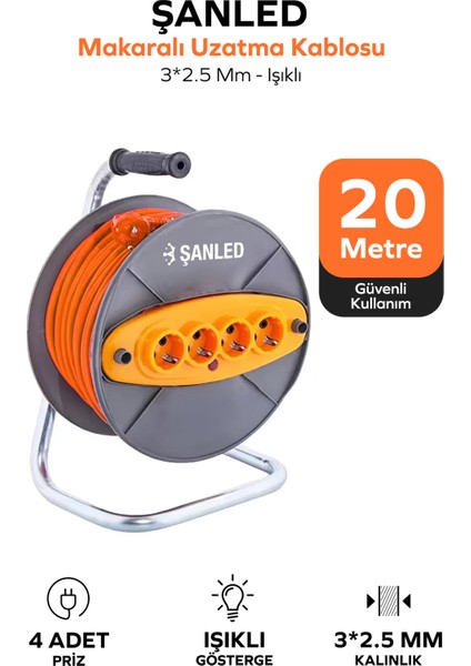 Makaralı 3x2,5 mm 4 Prizli Seyyar Kablo 20 Metre