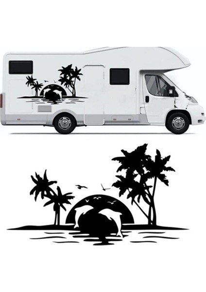 Palmiye ve Yunuslar Kamp Karavan Sticker 120 x 60 cm