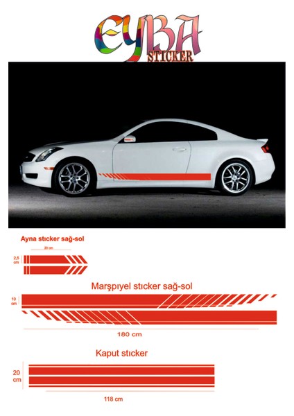 Oto Kaput-Marşpiyel-Yan Ayna Özel Yeni Sticker 5 Li Set 180*10-90*20-20*2,5 cm Sport 3