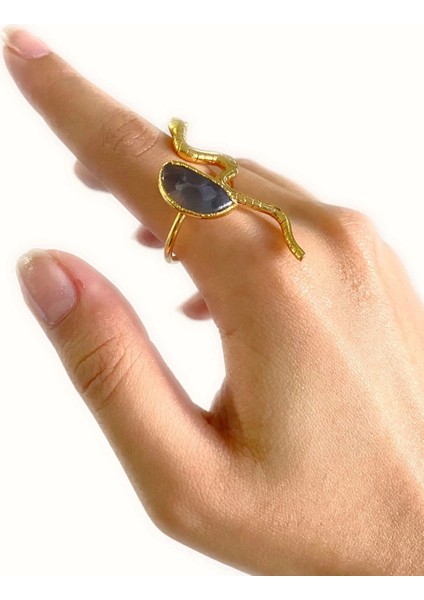 Vendi Altın Pirinç Kaplama Özel Tasarım Hafif Doğal Taş Ayarlanabilir Şık Kararmaz Kadın Yüzük