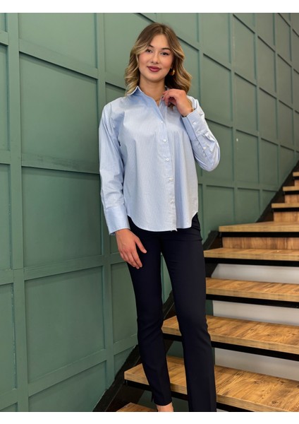 Kadın ,sim Çizgili ,düğmeli, Uzun Kollu Gömlek