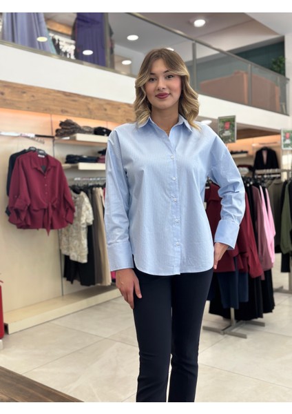 Kadın ,sim Çizgili ,düğmeli, Uzun Kollu Gömlek