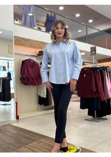 Kadın ,sim Çizgili ,düğmeli, Uzun Kollu Gömlek