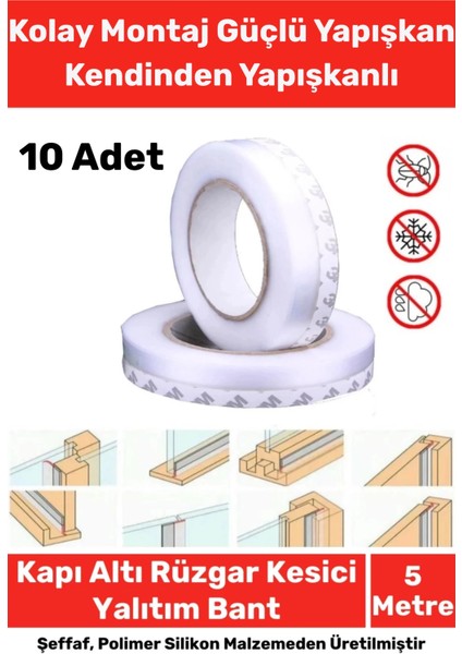 Ses Böcek Toz Önleyici Rüzgar Kesici Kapı Pencere Isı Izolasyon Yalıtım Şeffaf Şerit Bant 5mt 10ADET
