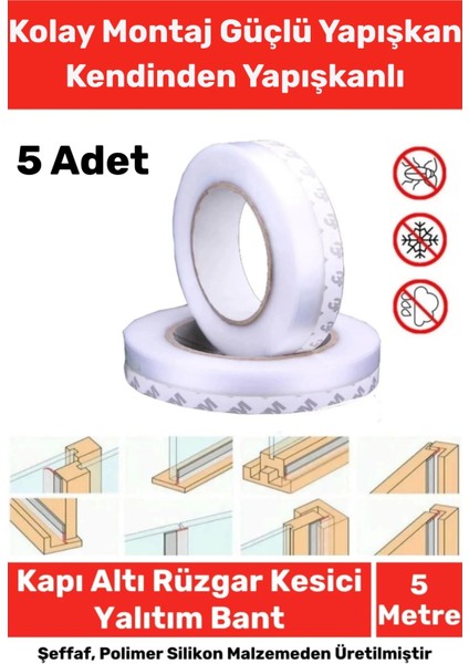 Ses Böcek Toz Önleyici Rüzgar Kesici Kapı Pencere Isı Izolasyon Yalıtım Şeffaf Şerit Bant 5mt 5 Adet
