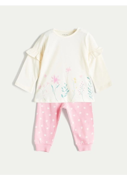 Baby Bej Çiçek Baskılı Pamuklu Kız Bebek Tişört ve Pantolon 2'li Takım