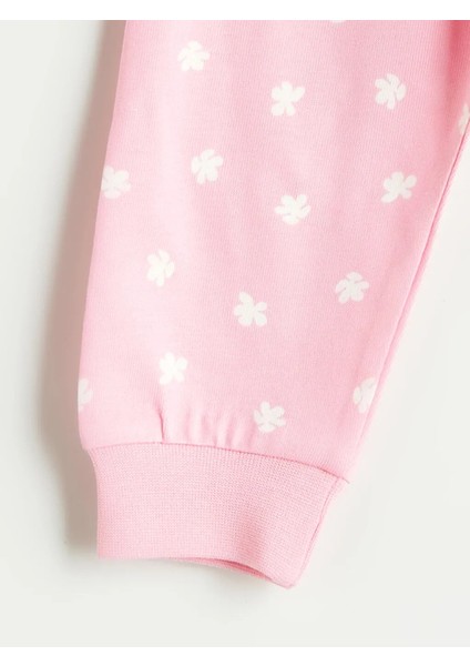 Baby Bej Çiçek Baskılı Pamuklu Kız Bebek Tişört ve Pantolon 2'li Takım