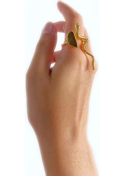 Rases Altın Pirinç Kaplama Özel Tasarım Hafif Doğal Taş Ayarlanabilir Şık Kararmaz Kadın Yüzük