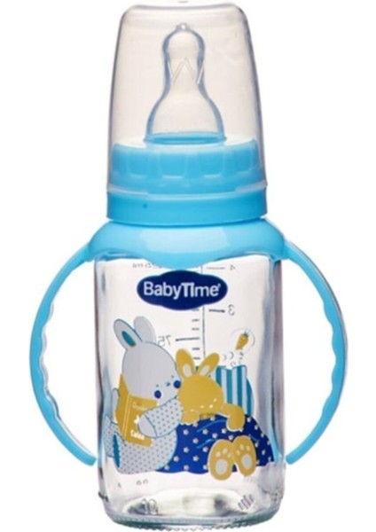 Mavi Kulplu Cam Biberon 125ML, Silikon Kiraz Uçlu, Bebekler Için Güvenli ve Şık