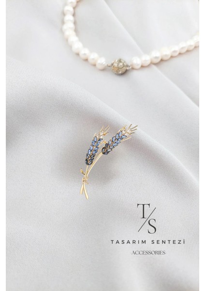 Broş Metal Rozet Başak Buğday Mavi Taşlı Dal Yaka Kıyafet Şapka Takı Aksesuar Hediye