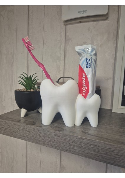 Diş Fırçalık Diş Şeklinde Diş Macunu ve Fırça Düzenleyici 2'li Set Banyo Aksesuarı