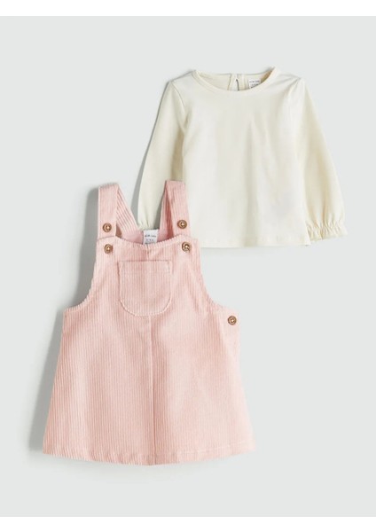 Baby Pembe Bisiklet Yaka Pamuklu Kadife Kız Bebek Bluz ve Salopet 2'li Takım
