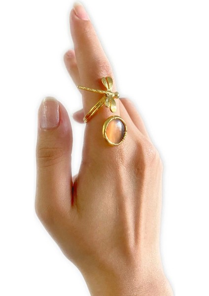 Mosta Altın Pirinç Kaplama Özel Tasarım Hafif Doğal Taş Ayarlanabilir Şık Kararmaz Kadın Yüzük