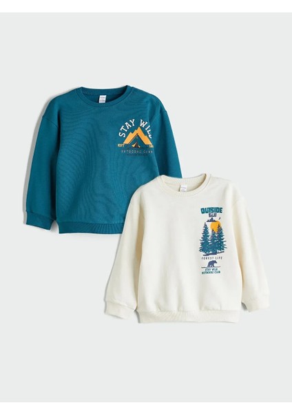 Kids Bej Bisiklet Yaka Baskılı %100 Pamuk Erkek Çocuk Sweatshirt 2'li fiyatları