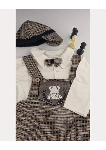 Erkek Bebek Şık Tulum Takımı Papyonlu Body ve Kasket Şapka 0-12 Ay