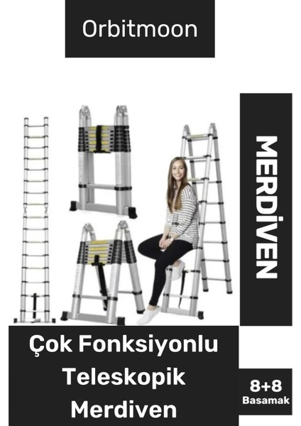 Kaymaz Ayak Dayanıklı Alüminyum Çift Taraflı Açık Hali 3.8 Metre Çok Fonksiyonlu Teleskopik Merdiven