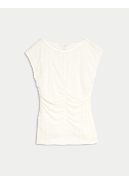 Büzgülü File Kumaşlı Geniş Yaka Üst