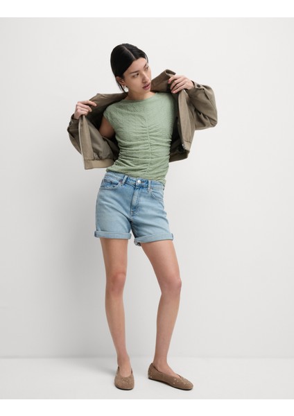 Büzgülü File Kumaşlı Geniş Yaka Üst