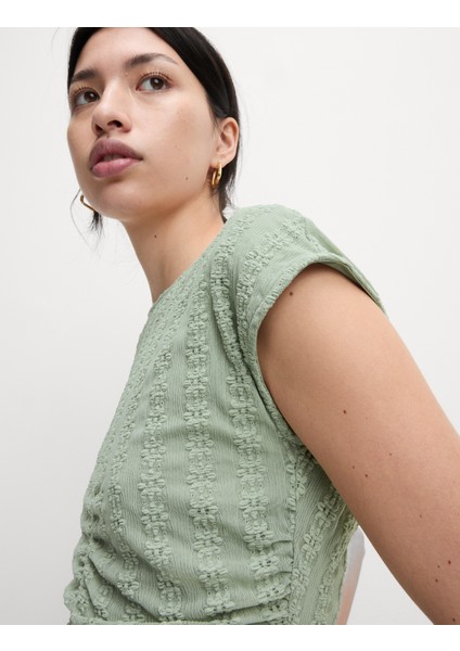 Büzgülü File Kumaşlı Geniş Yaka Üst