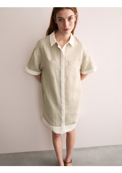 Saf Keten Mini Gömlek Elbise