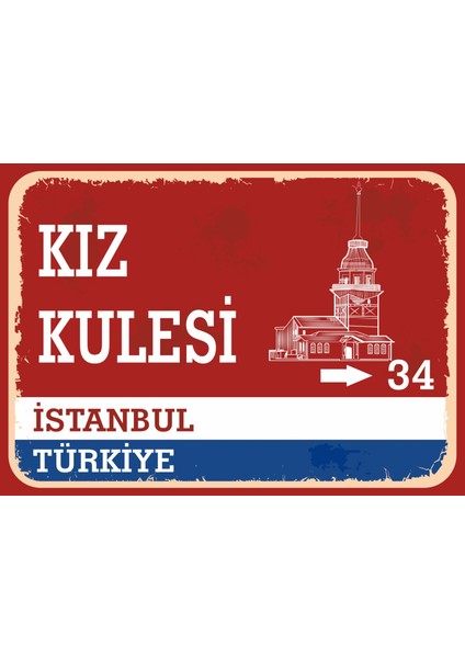 Istanbul Kız Kulesi Retro Sokak Yön Tabelası Vintage Pvc Dekota Uv Poster Yapışkanlı 35X25