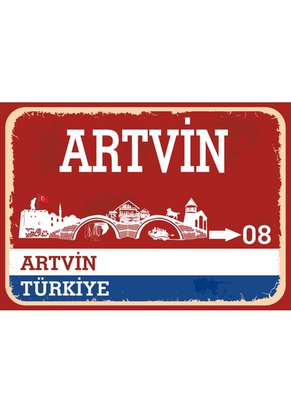 Artvin #2 Retro Sokak Yön Tabelası Vintage Pvc Dekota Uv Poster Yapışkanlı 35X25