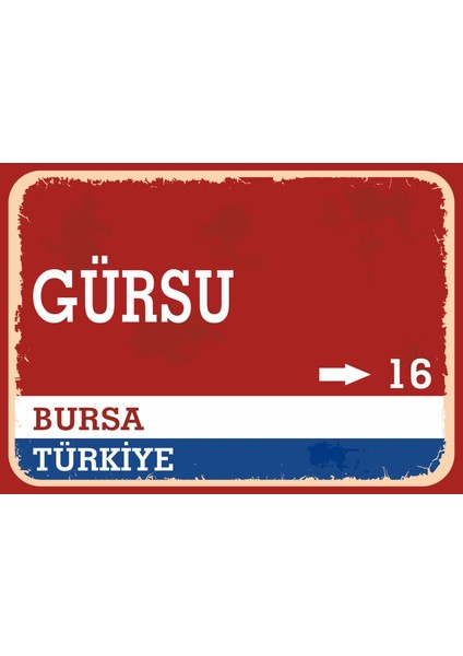 Bursa Gürsu Retro Sokak Yön Tabelası Vintage Pvc Dekota Uv Poster Yapışkanlı 35X25